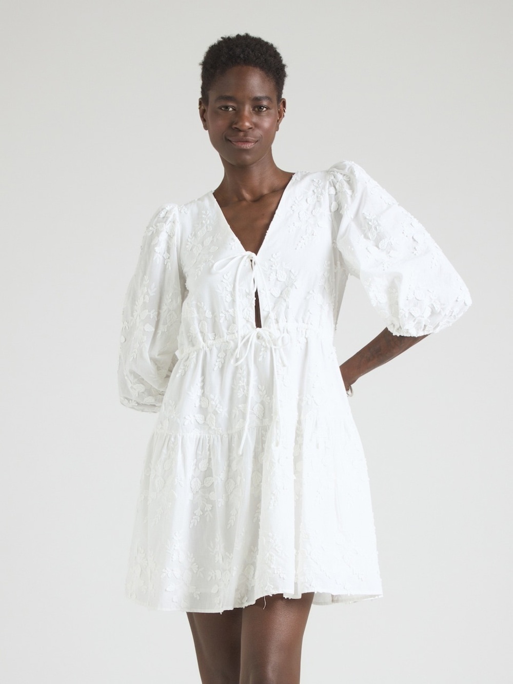 & Other Stories White Appliqué Tie-Front Keyhole Puff Sleeve Mini Dress